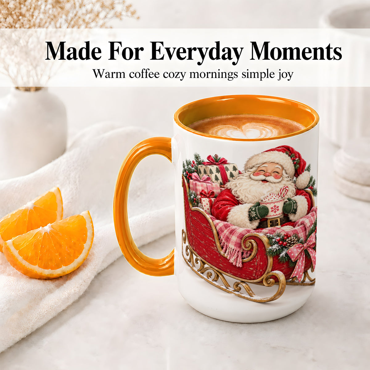 #pl[15oz|Orange] Santa Christmas Sleigh Ceramic Mug, Cozy Holiday Hot Cocoa Design