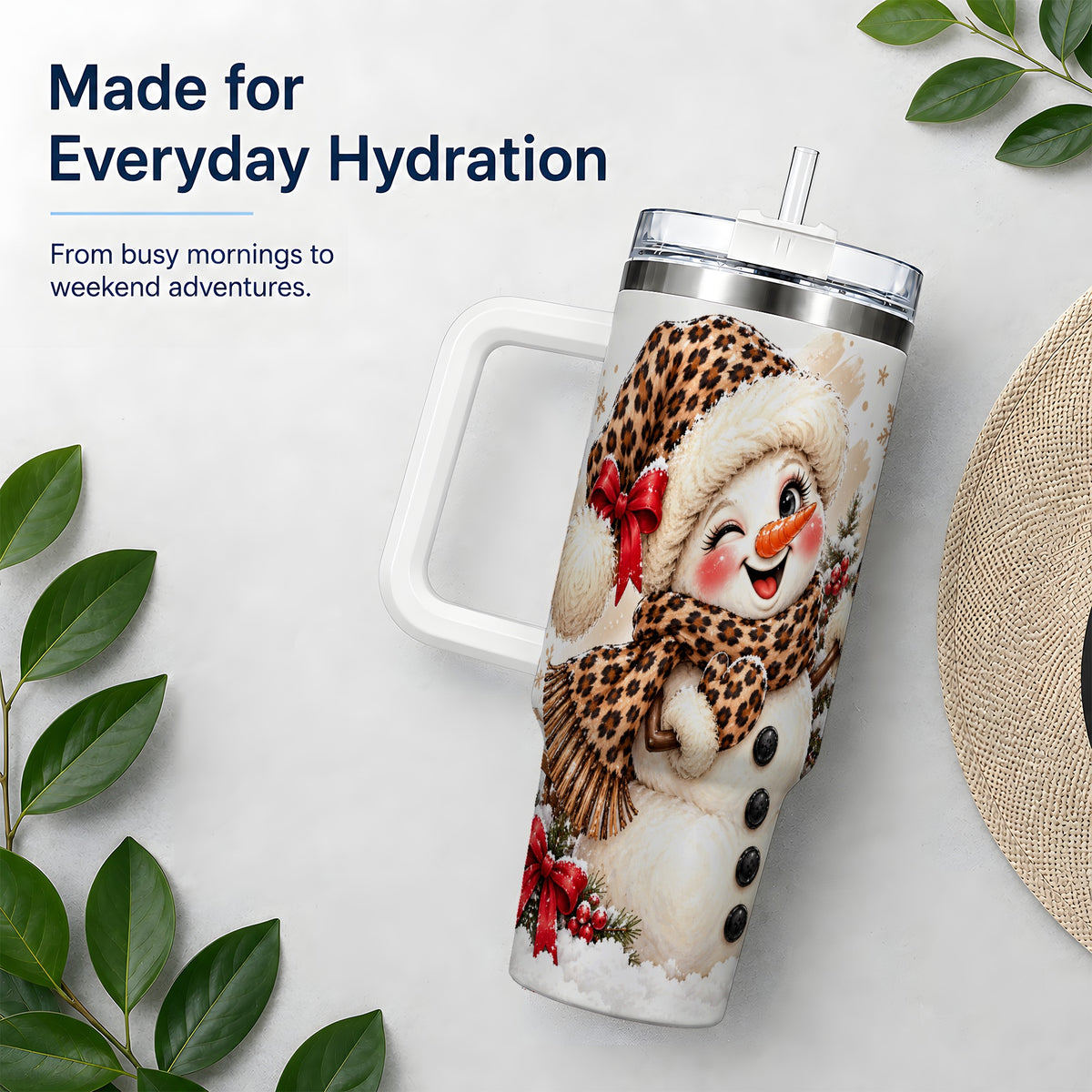 Leopard Print Snowman 40oz Handled Tumbler, Cute Winter Holiday Art
