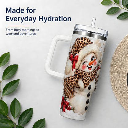 Leopard Print Snowman 40oz Handled Tumbler, Cute Winter Holiday Art