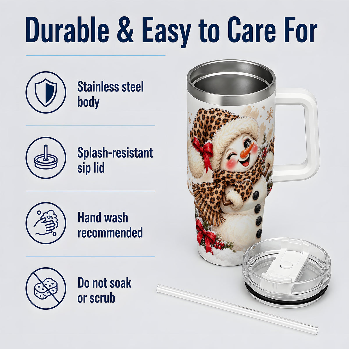 Leopard Print Snowman 40oz Handled Tumbler, Cute Winter Holiday Art