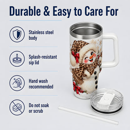 Leopard Print Snowman 40oz Handled Tumbler, Cute Winter Holiday Art