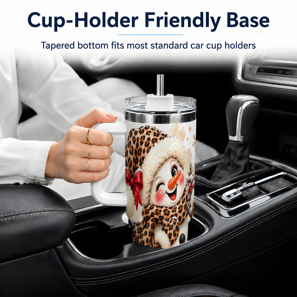 Leopard Print Snowman 40oz Handled Tumbler, Cute Winter Holiday Art