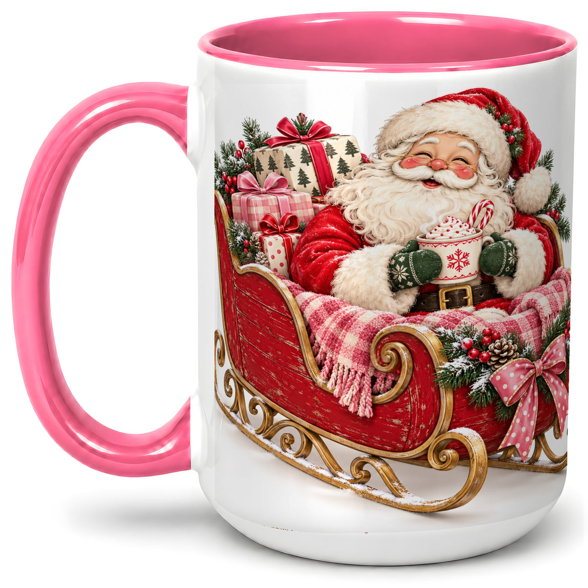#pl[15oz|Pink] Santa Christmas Sleigh Ceramic Mug, Cozy Holiday Hot Cocoa Design