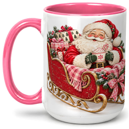 #pl[15oz|Pink] Santa Christmas Sleigh Ceramic Mug, Cozy Holiday Hot Cocoa Design