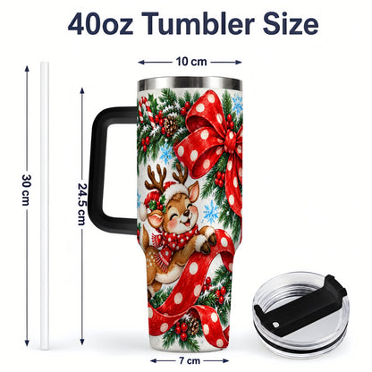 #pl[40oz|Black] Christmas Reindeer 40oz Handled Tumbler, Cute Holiday Ribbon Artwork