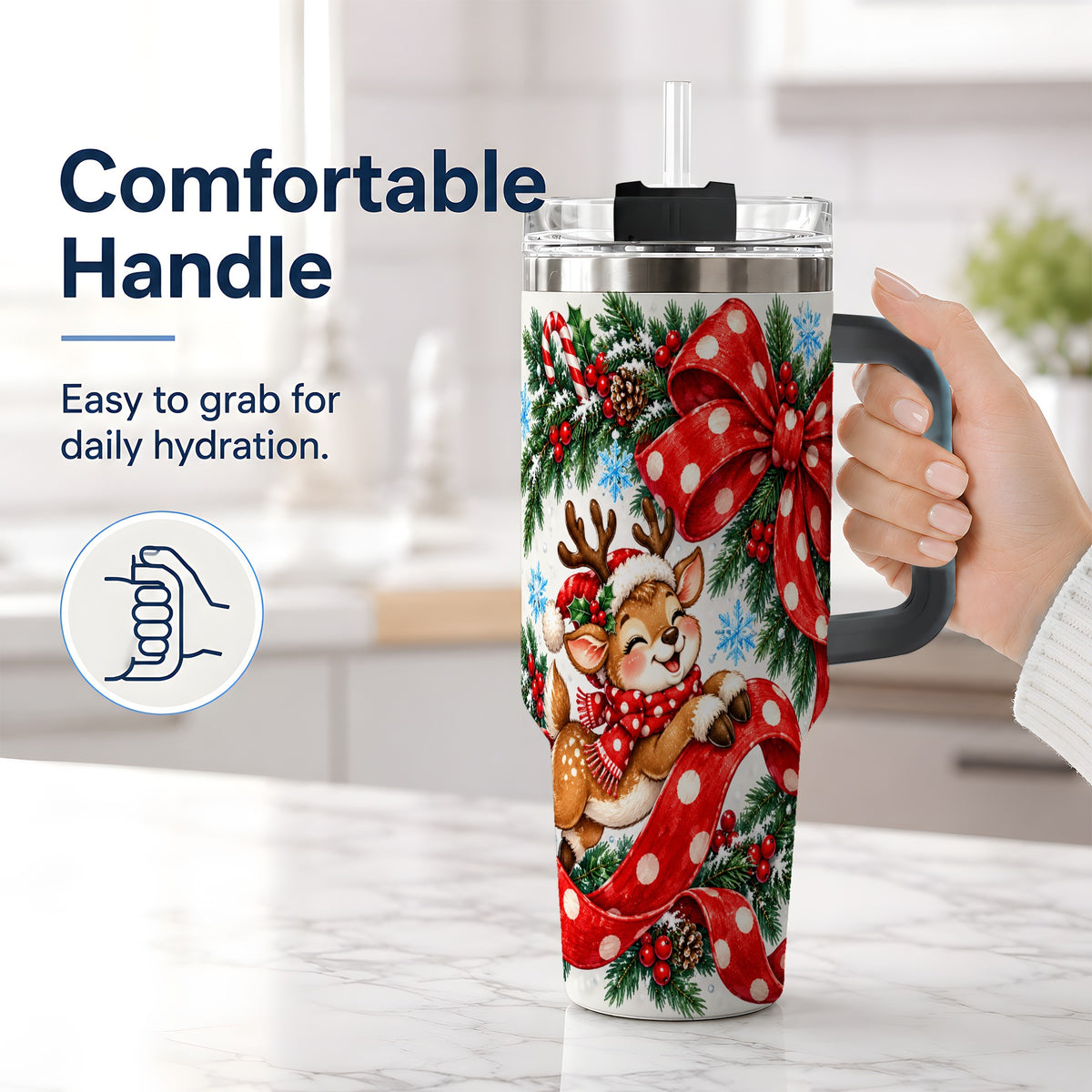 #pl[40oz|Black] Christmas Reindeer 40oz Handled Tumbler, Cute Holiday Ribbon Artwork