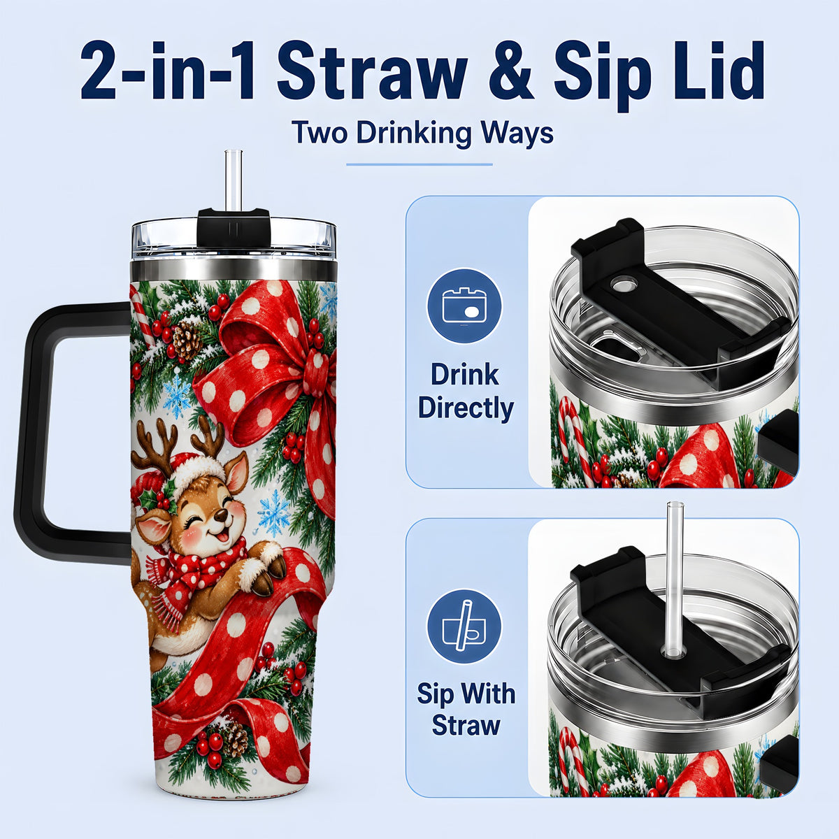#pl[40oz|Black] Christmas Reindeer 40oz Handled Tumbler, Cute Holiday Ribbon Artwork