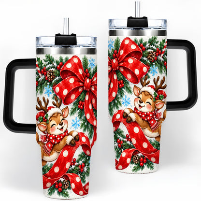 #pl[40oz|Black] Christmas Reindeer 40oz Handled Tumbler, Cute Holiday Ribbon Artwork