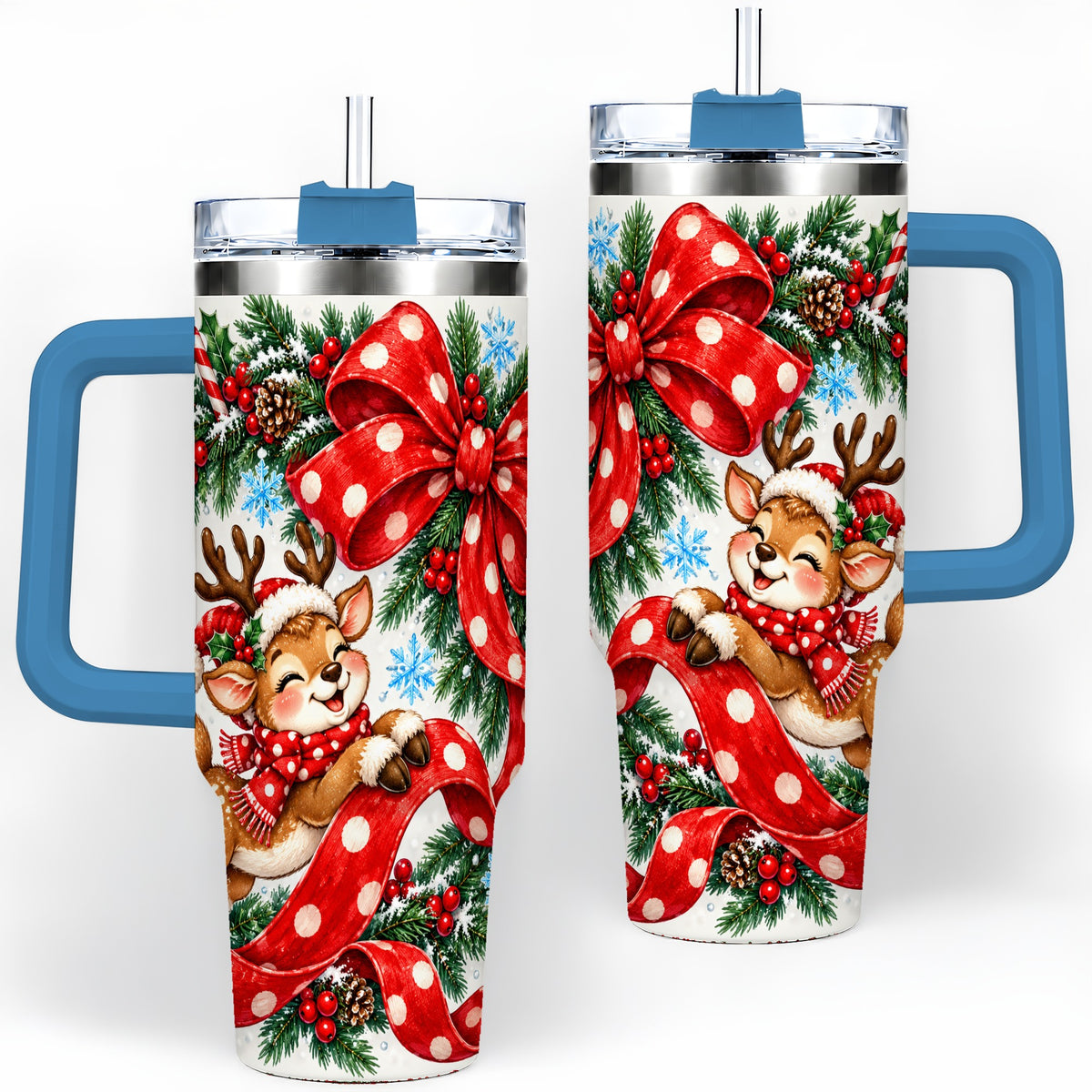 #pl[40oz|Blue] Christmas Reindeer 40oz Handled Tumbler, Cute Holiday Ribbon Artwork