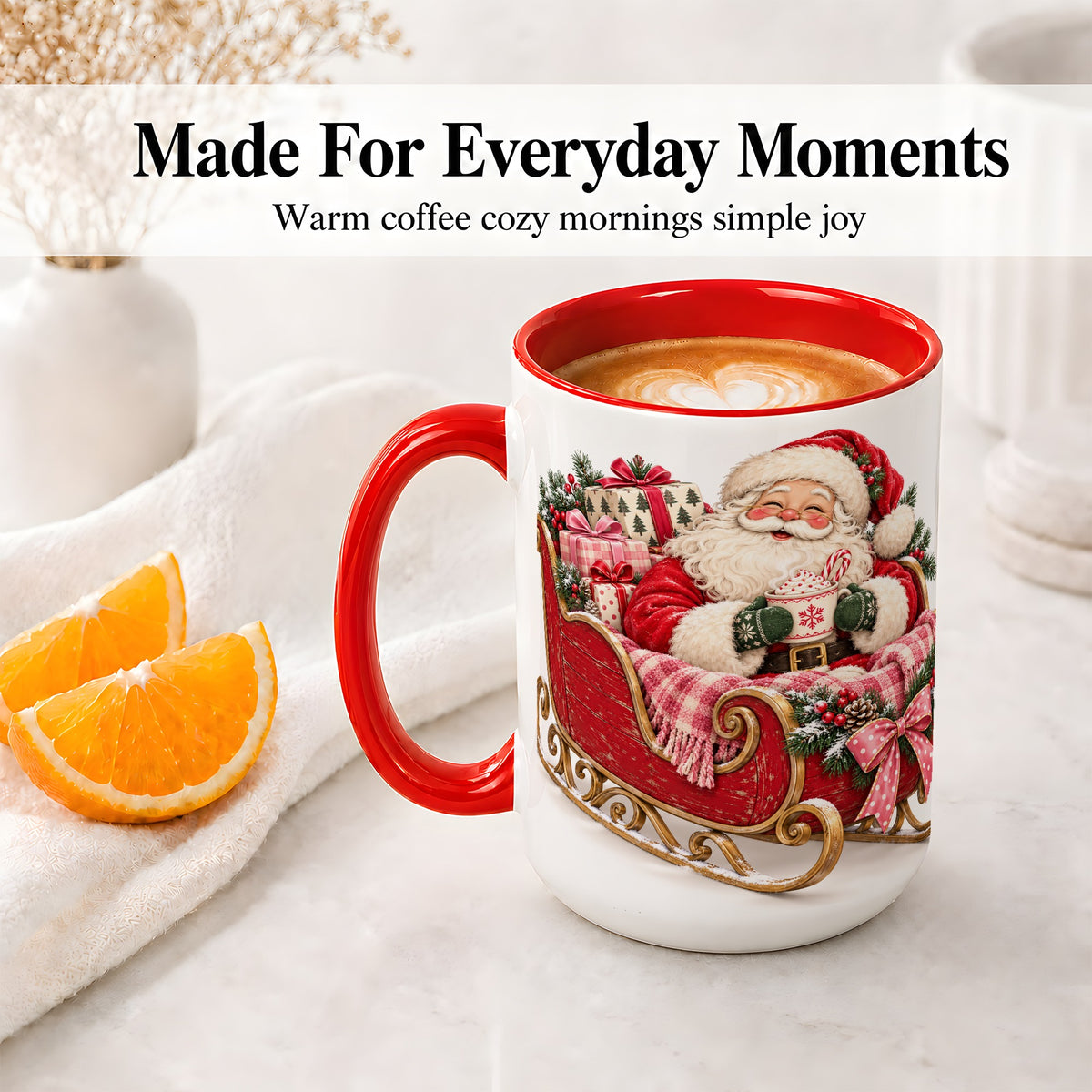#pl[15oz|Red] Santa Christmas Sleigh Ceramic Mug, Cozy Holiday Hot Cocoa Design