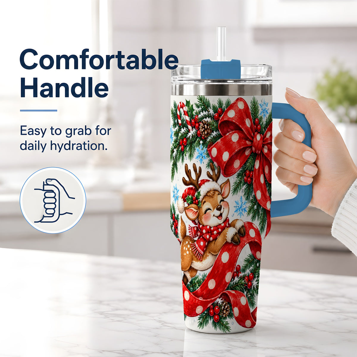 #pl[40oz|Blue] Christmas Reindeer 40oz Handled Tumbler, Cute Holiday Ribbon Artwork