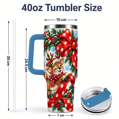 #pl[40oz|Blue] Christmas Reindeer 40oz Handled Tumbler, Cute Holiday Ribbon Artwork