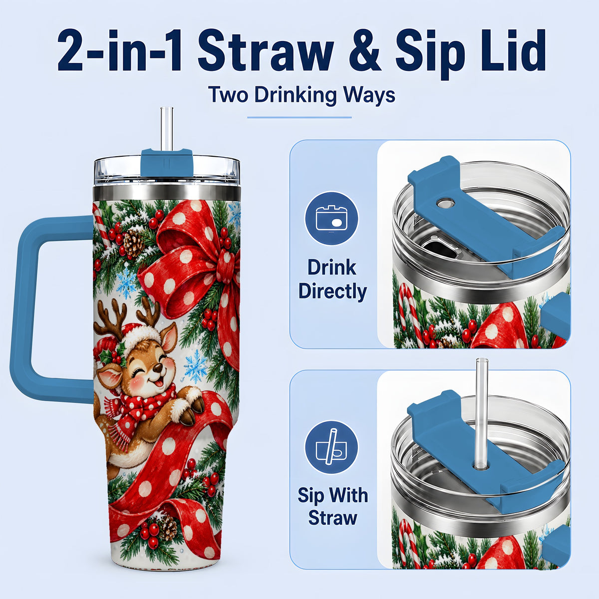 #pl[40oz|Blue] Christmas Reindeer 40oz Handled Tumbler, Cute Holiday Ribbon Artwork
