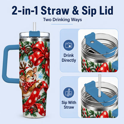 #pl[40oz|Blue] Christmas Reindeer 40oz Handled Tumbler, Cute Holiday Ribbon Artwork