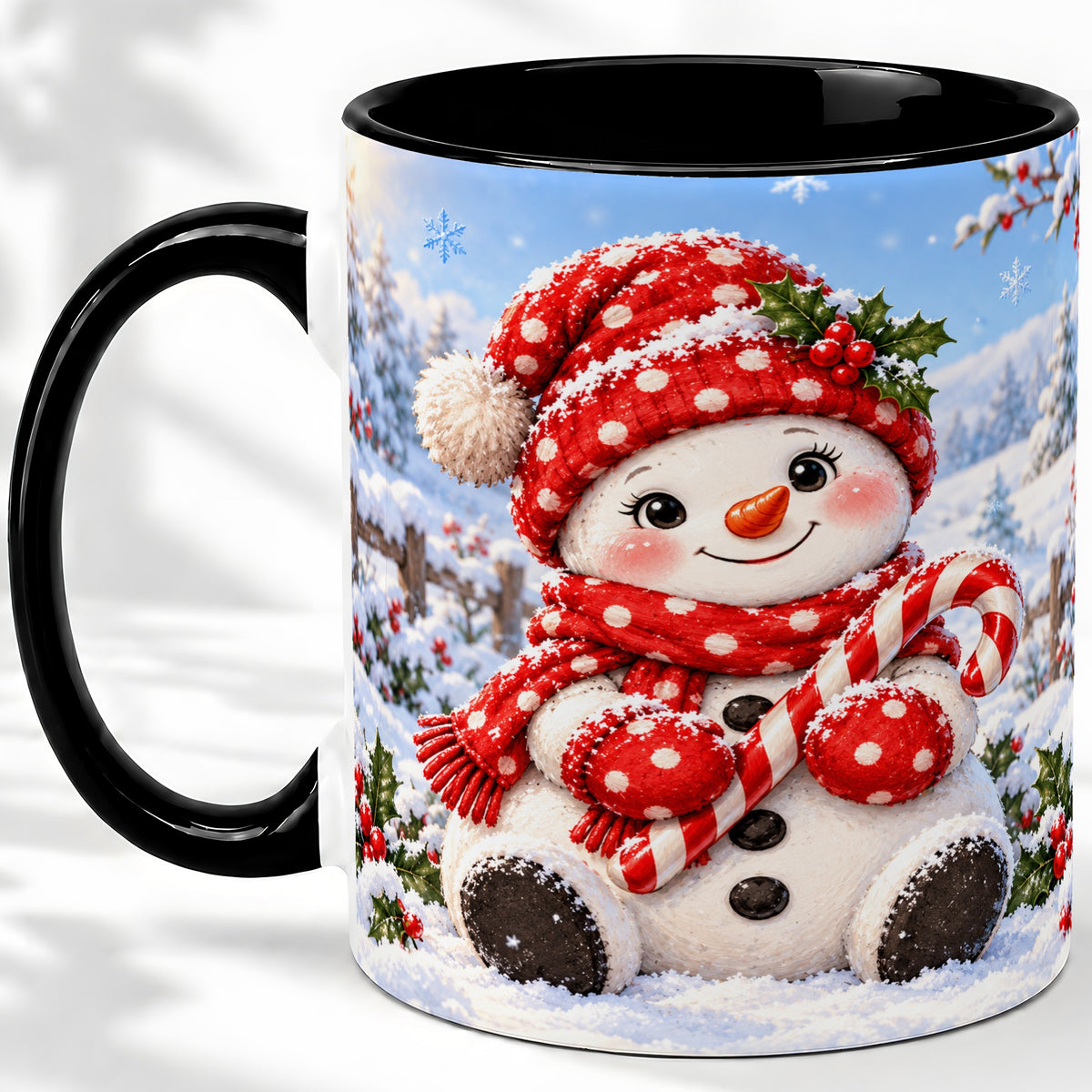 #pl[11oz|Black] Cute Christmas Snowman Ceramic Mug, Red Polka Dot Winter Design