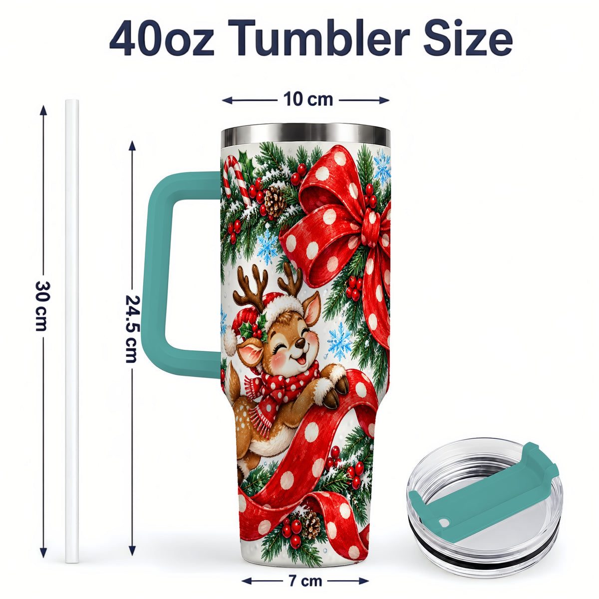 #pl[40oz|Green] Christmas Reindeer 40oz Handled Tumbler, Cute Holiday Ribbon Artwork