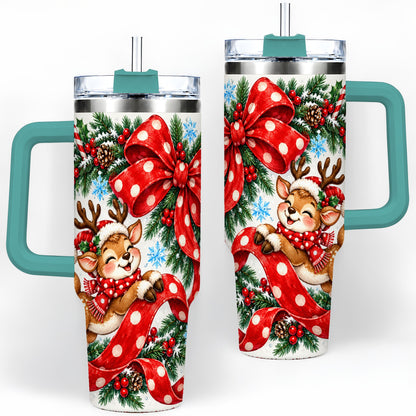 #pl[40oz|Green] Christmas Reindeer 40oz Handled Tumbler, Cute Holiday Ribbon Artwork