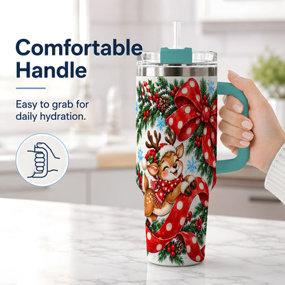 #pl[40oz|Green] Christmas Reindeer 40oz Handled Tumbler, Cute Holiday Ribbon Artwork