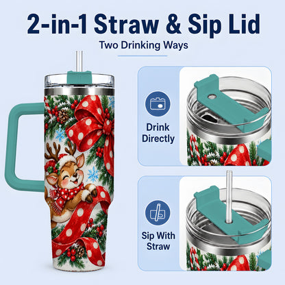 #pl[40oz|Green] Christmas Reindeer 40oz Handled Tumbler, Cute Holiday Ribbon Artwork