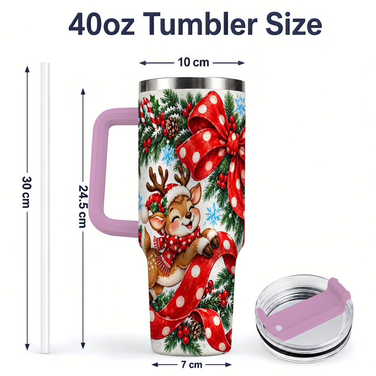 #pl[40oz|Pink] Christmas Reindeer 40oz Handled Tumbler, Cute Holiday Ribbon Artwork