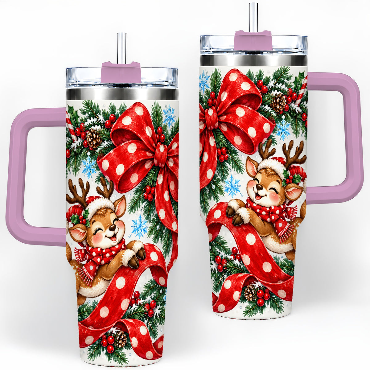#pl[40oz|Pink] Christmas Reindeer 40oz Handled Tumbler, Cute Holiday Ribbon Artwork