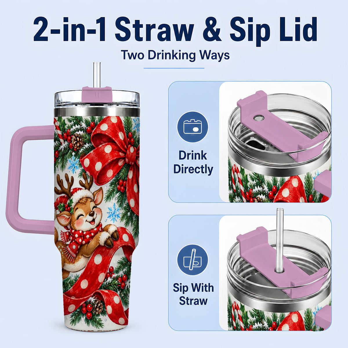 #pl[40oz|Pink] Christmas Reindeer 40oz Handled Tumbler, Cute Holiday Ribbon Artwork
