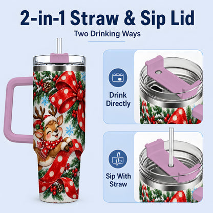#pl[40oz|Pink] Christmas Reindeer 40oz Handled Tumbler, Cute Holiday Ribbon Artwork