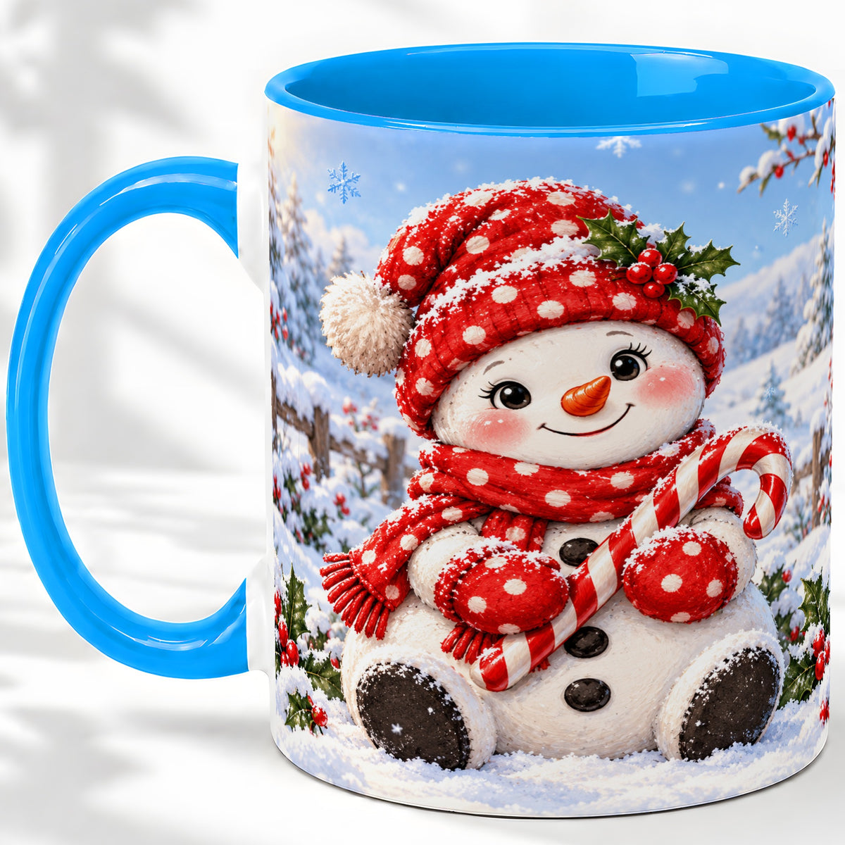 #pl[11oz|Blue] Cute Christmas Snowman Ceramic Mug, Red Polka Dot Winter Design