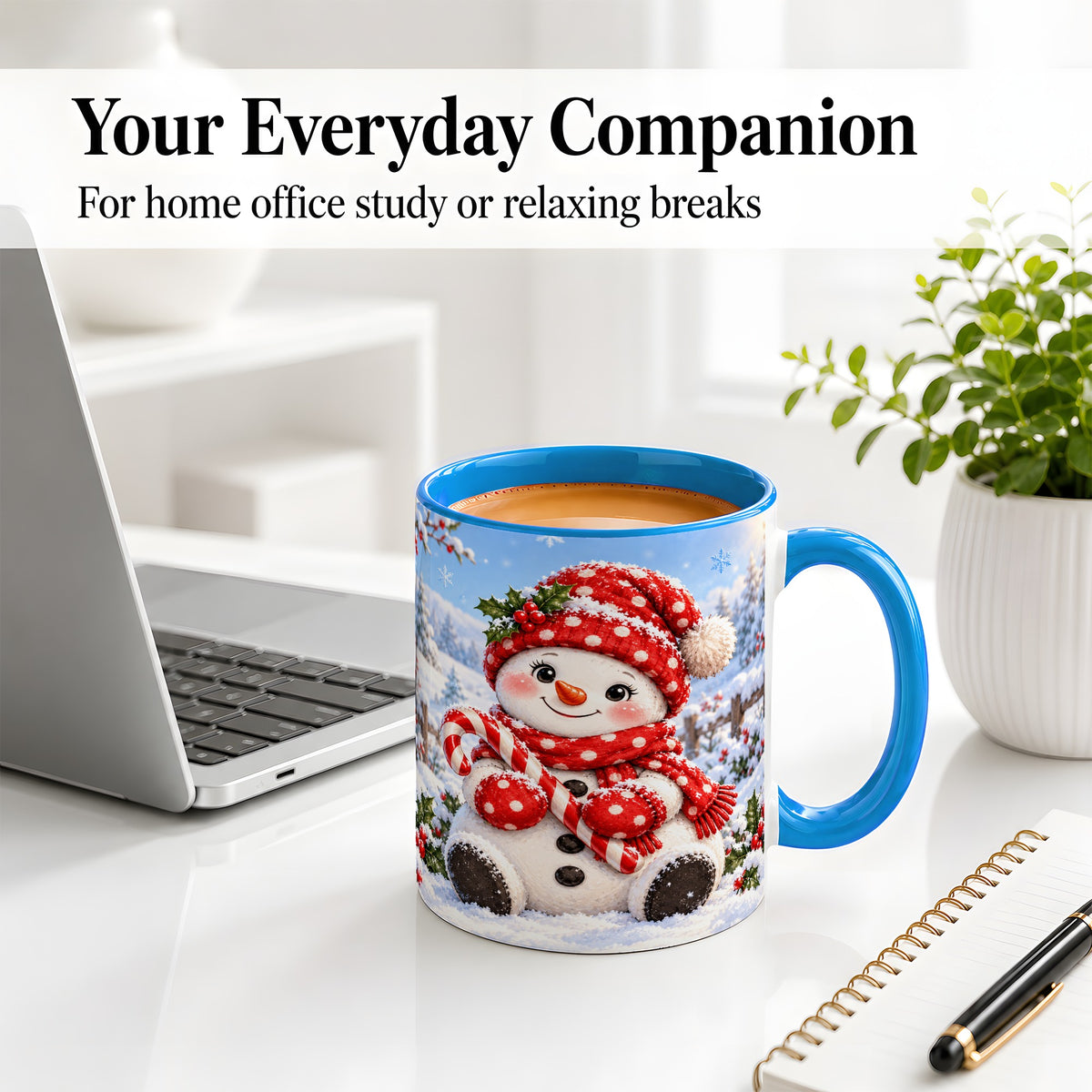 #pl[11oz|Blue] Cute Christmas Snowman Ceramic Mug, Red Polka Dot Winter Design