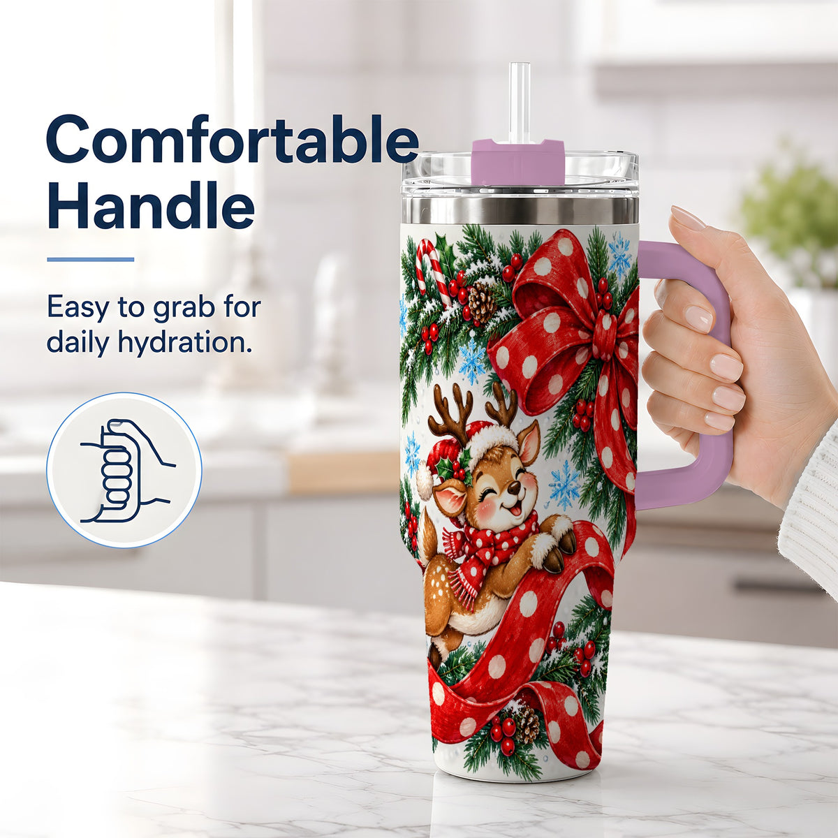 #pl[40oz|Pink] Christmas Reindeer 40oz Handled Tumbler, Cute Holiday Ribbon Artwork