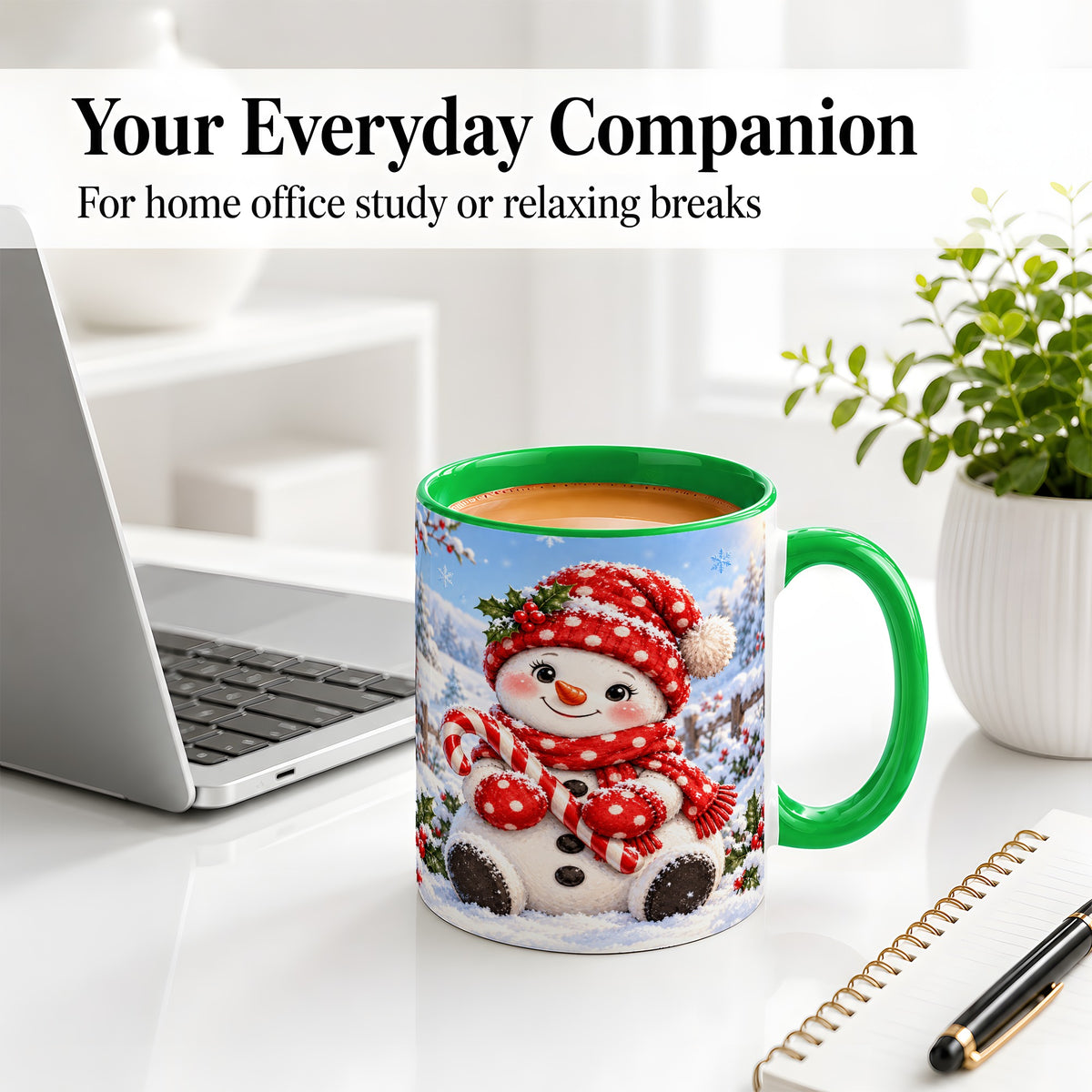 #pl[11oz|Green] Cute Christmas Snowman Ceramic Mug, Red Polka Dot Winter Design
