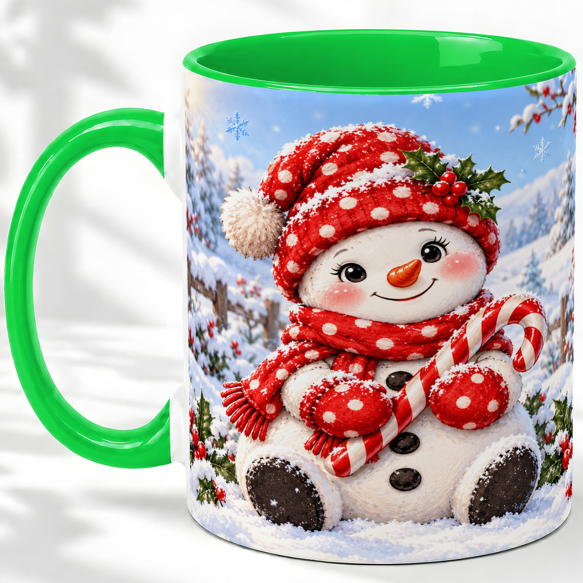 #pl[11oz|Green] Cute Christmas Snowman Ceramic Mug, Red Polka Dot Winter Design