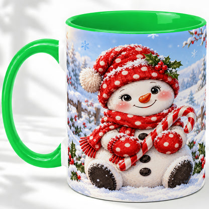 #pl[11oz|Green] Cute Christmas Snowman Ceramic Mug, Red Polka Dot Winter Design