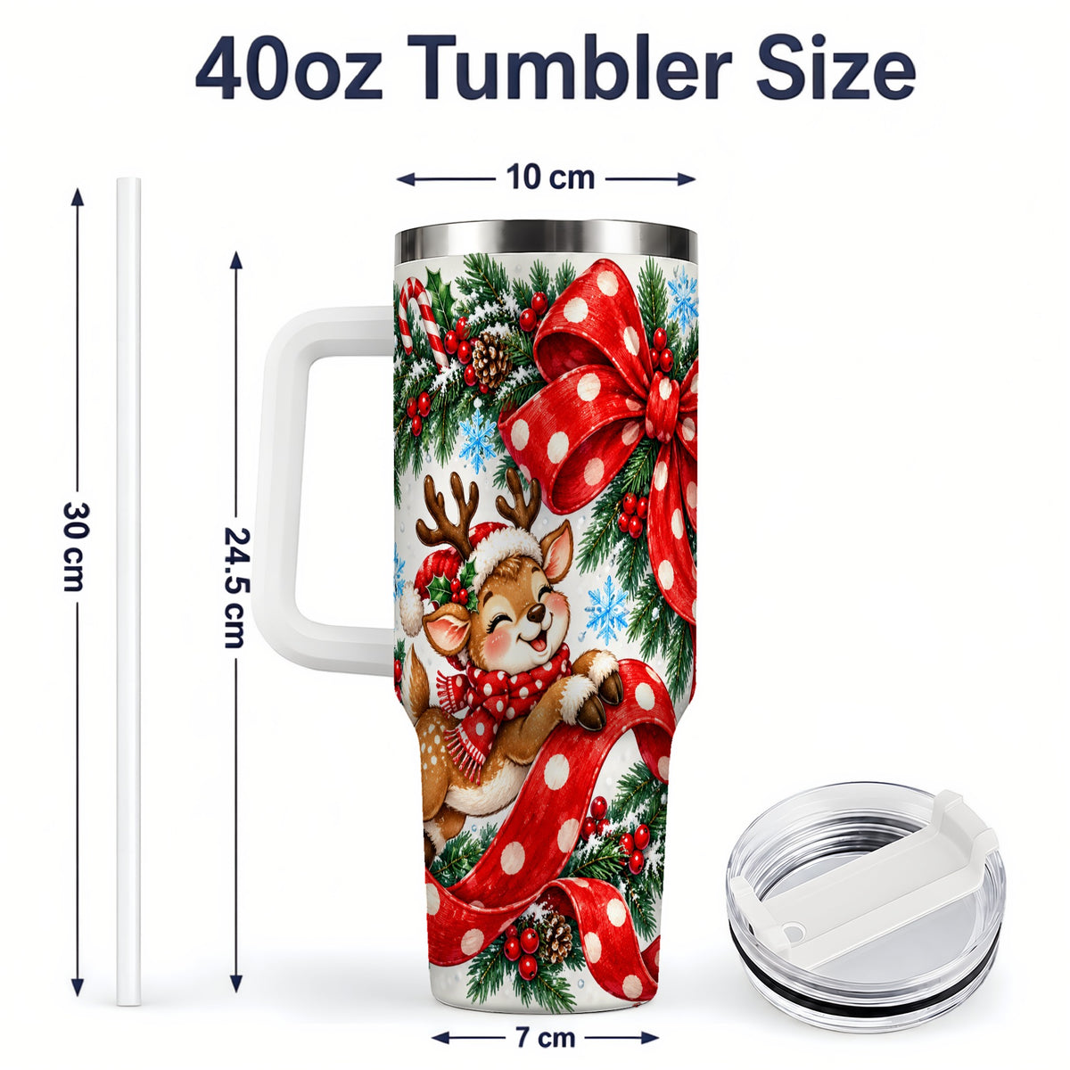 #pl[40oz|White] Christmas Reindeer 40oz Handled Tumbler, Cute Holiday Ribbon Artwork