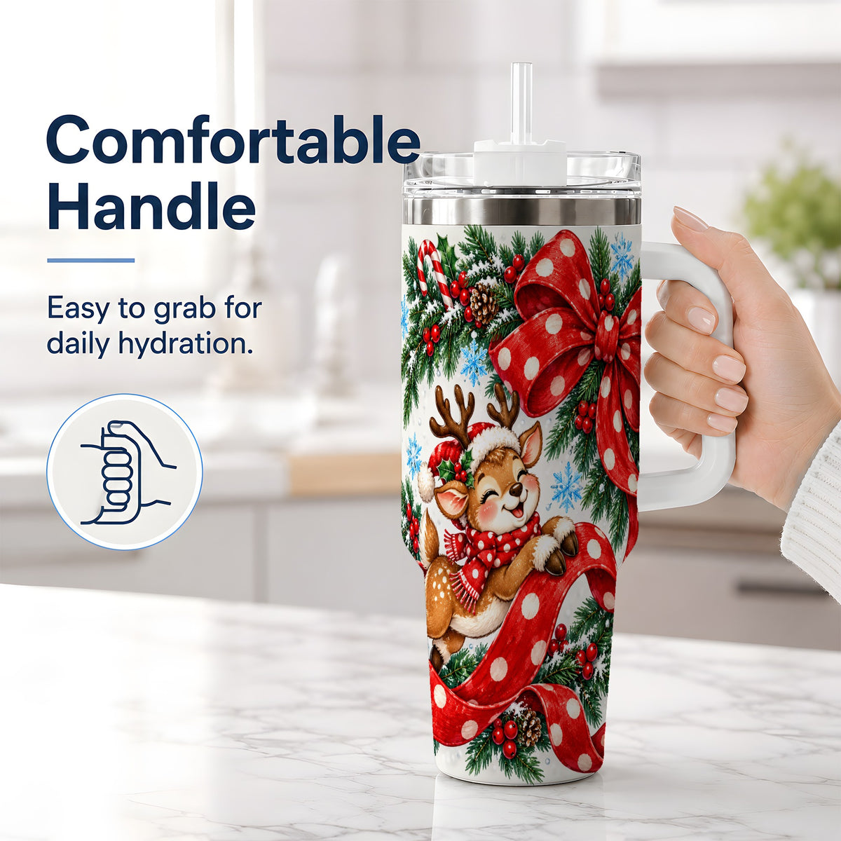 #pl[40oz|White] Christmas Reindeer 40oz Handled Tumbler, Cute Holiday Ribbon Artwork