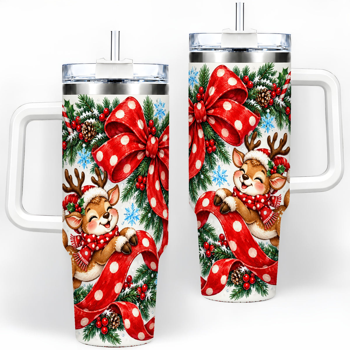 Christmas Reindeer 40oz Handled Tumbler, Cute Holiday Ribbon Artwork