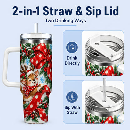 #pl[40oz|White] Christmas Reindeer 40oz Handled Tumbler, Cute Holiday Ribbon Artwork