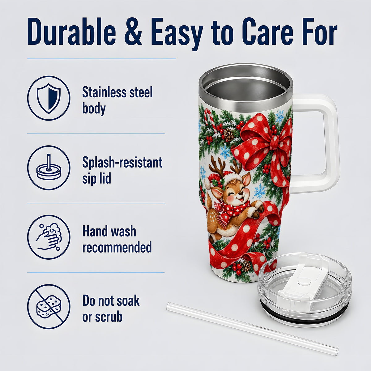Christmas Reindeer 40oz Handled Tumbler, Cute Holiday Ribbon Artwork