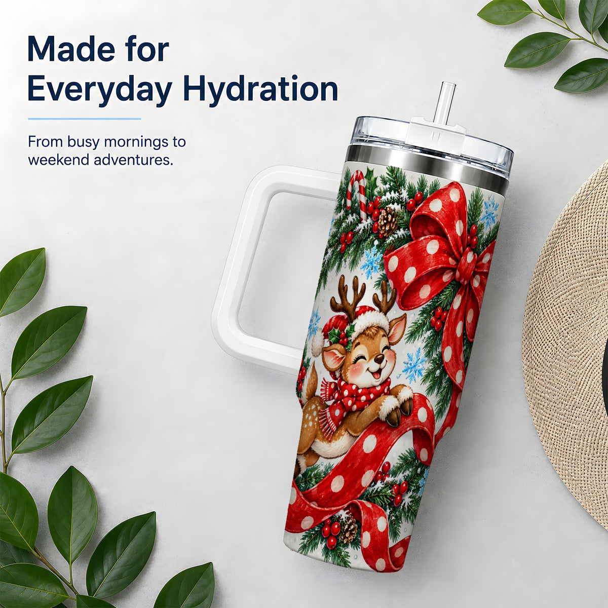 Christmas Reindeer 40oz Handled Tumbler, Cute Holiday Ribbon Artwork