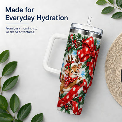 Christmas Reindeer 40oz Handled Tumbler, Cute Holiday Ribbon Artwork