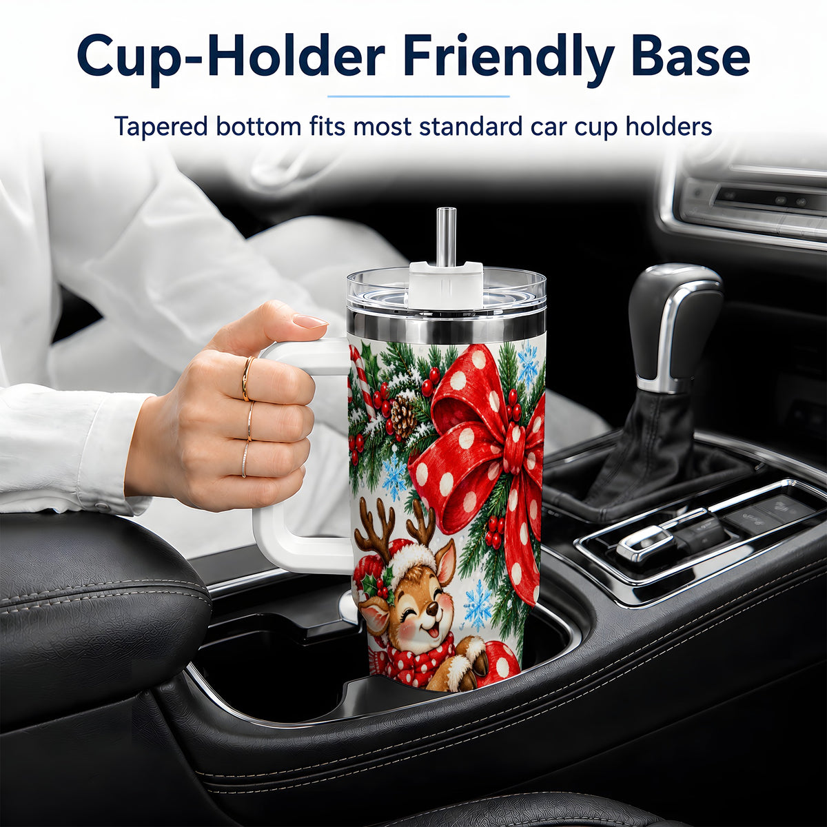 Christmas Reindeer 40oz Handled Tumbler, Cute Holiday Ribbon Artwork