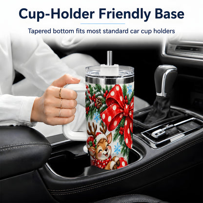Christmas Reindeer 40oz Handled Tumbler, Cute Holiday Ribbon Artwork