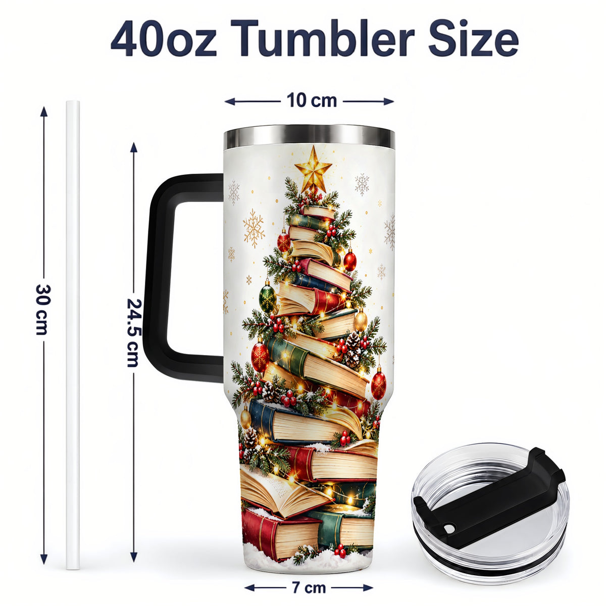#pl[40oz|Black] Christmas Book Tree 40oz Handled Tumbler, Holiday Reading Theme