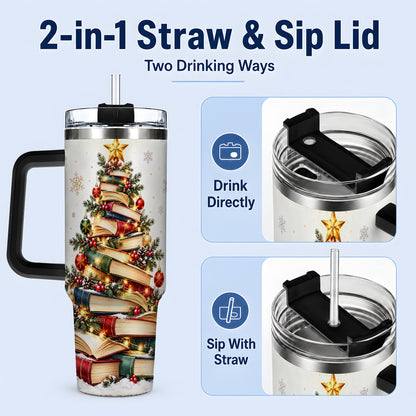 #pl[40oz|Black] Christmas Book Tree 40oz Handled Tumbler, Holiday Reading Theme
