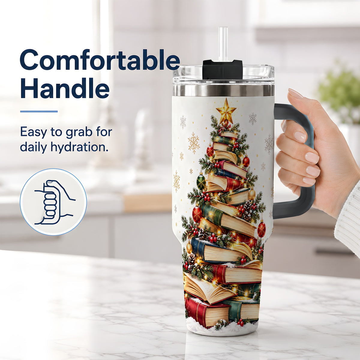 #pl[40oz|Black] Christmas Book Tree 40oz Handled Tumbler, Holiday Reading Theme