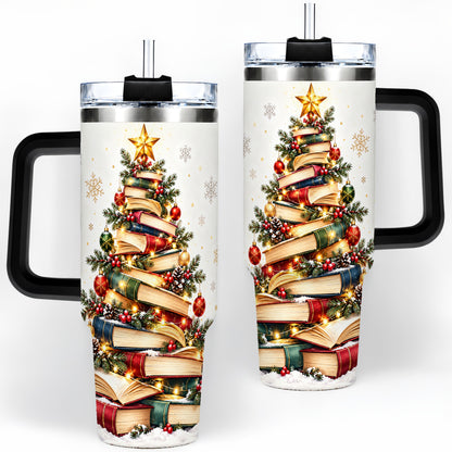 #pl[40oz|Black] Christmas Book Tree 40oz Handled Tumbler, Holiday Reading Theme