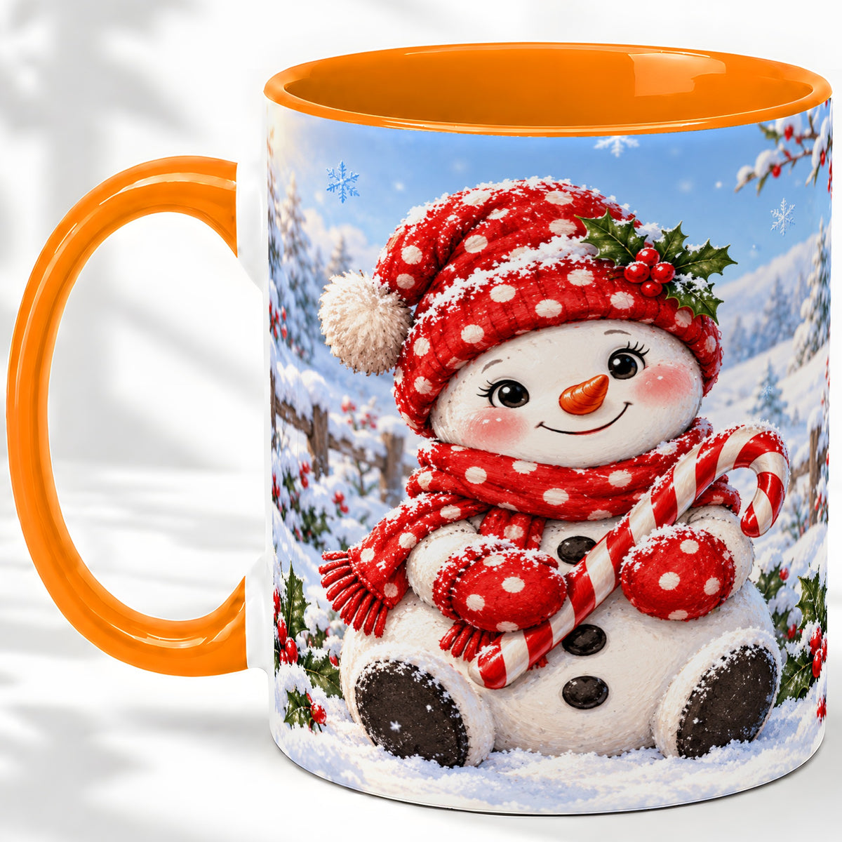 #pl[11oz|Orange] Cute Christmas Snowman Ceramic Mug, Red Polka Dot Winter Design