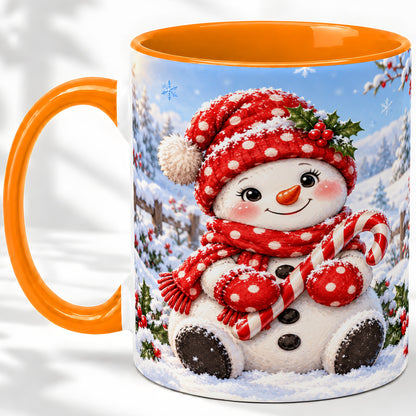 #pl[11oz|Orange] Cute Christmas Snowman Ceramic Mug, Red Polka Dot Winter Design