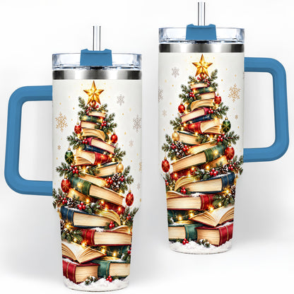 #pl[40oz|Blue] Christmas Book Tree 40oz Handled Tumbler, Holiday Reading Theme