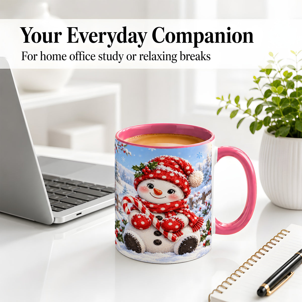 #pl[11oz|Pink] Cute Christmas Snowman Ceramic Mug, Red Polka Dot Winter Design